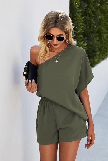 One Side Off Shoulder Olive Romper
