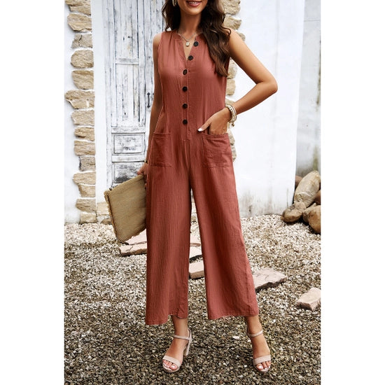 V Neck Wide Leg Brown Jumpsuit