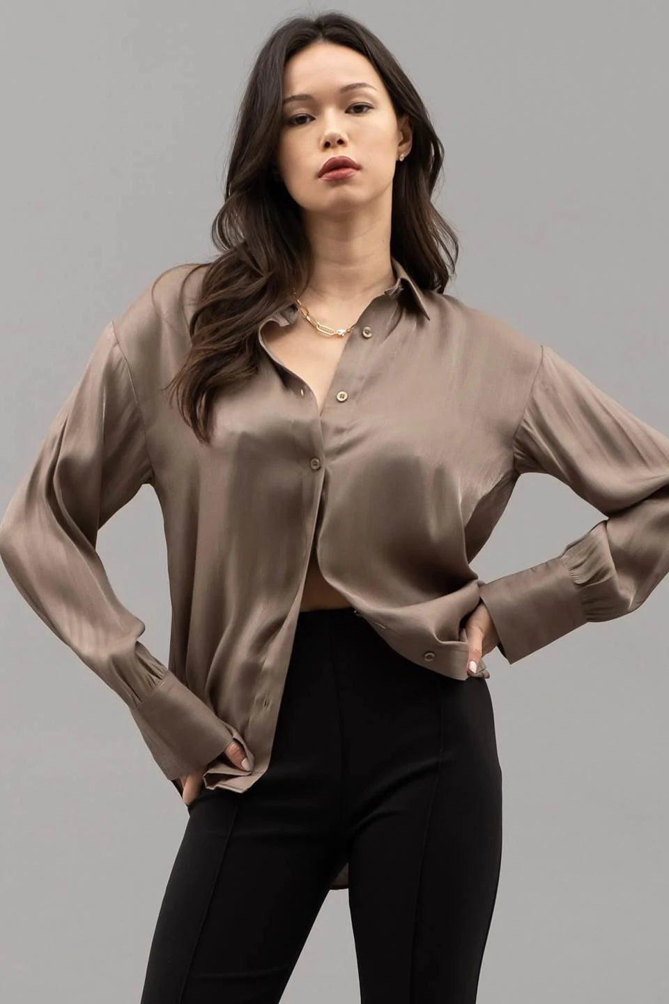 khaki satin shirt dress ASOS DESIGN satin collared wrap midi shirt dress in khaki
