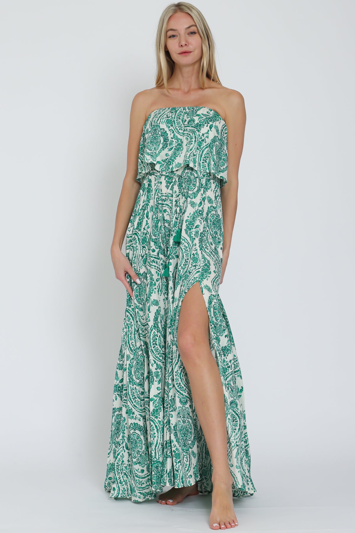 White-Green Tube Elastic Maxi Dress