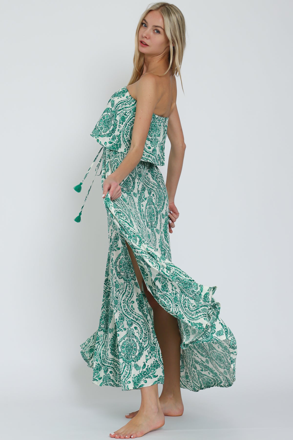 White-Green Tube Elastic Maxi Dress