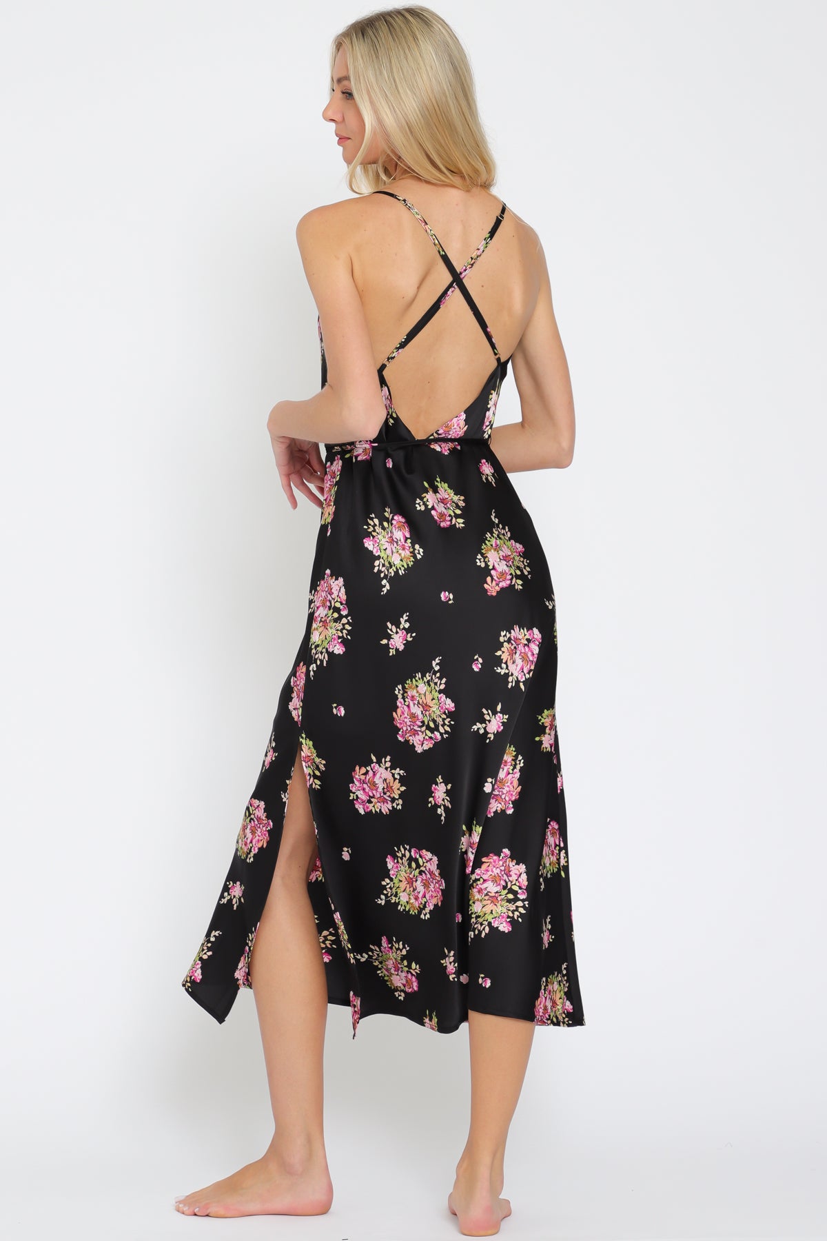 Cowl Neck Multi Black Slip Midi Dress