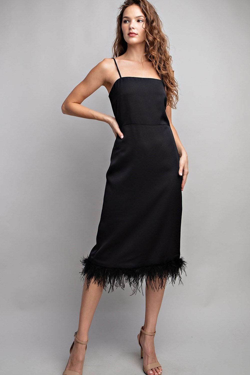Black Feather Trim Midi Dress Black Feather Trim Midi Dress