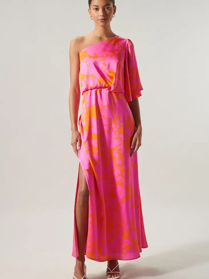 Pink Orange One Shoulder Maxi Dress