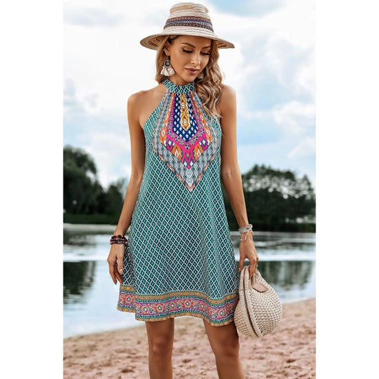 Green Open Shoulder Knot Back Dress