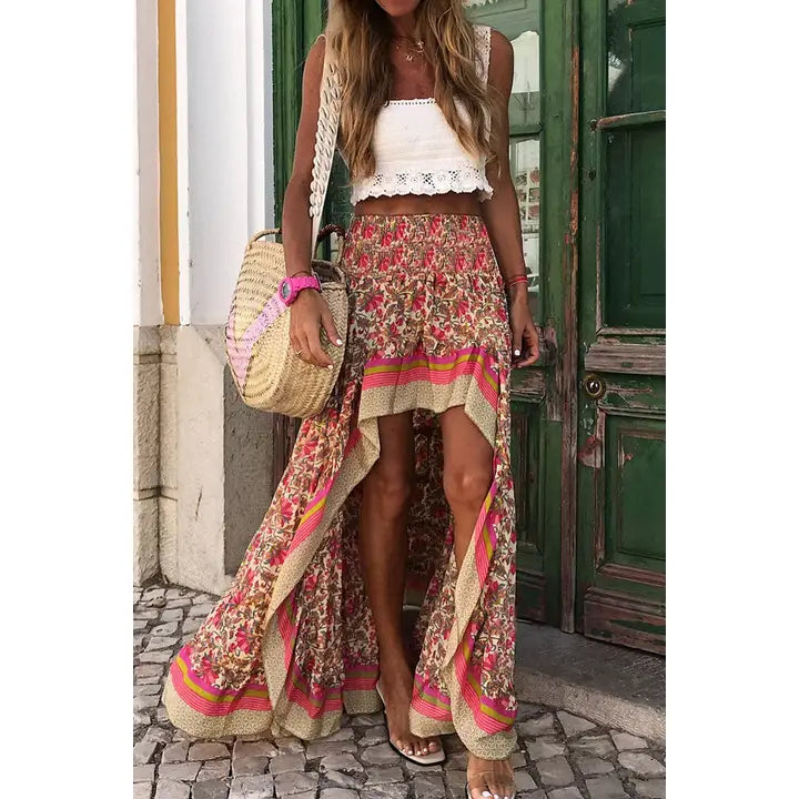 Red HI-Low Floral Printed Ruffle Maxi Skirt