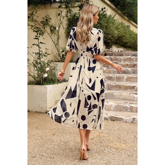 Allover Wide Belt Puff Sleeves Midi Dress