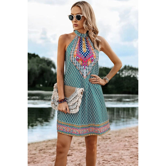 Green Open Shoulder Knot Back Dress