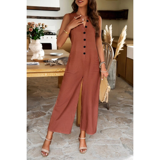 V Neck Wide Leg Brown Jumpsuit