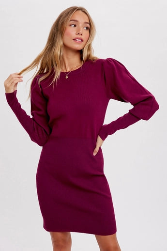 Plum Puff Sleeves Sweater Dress