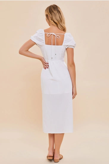 Puff Sleeve White Midi Dress
