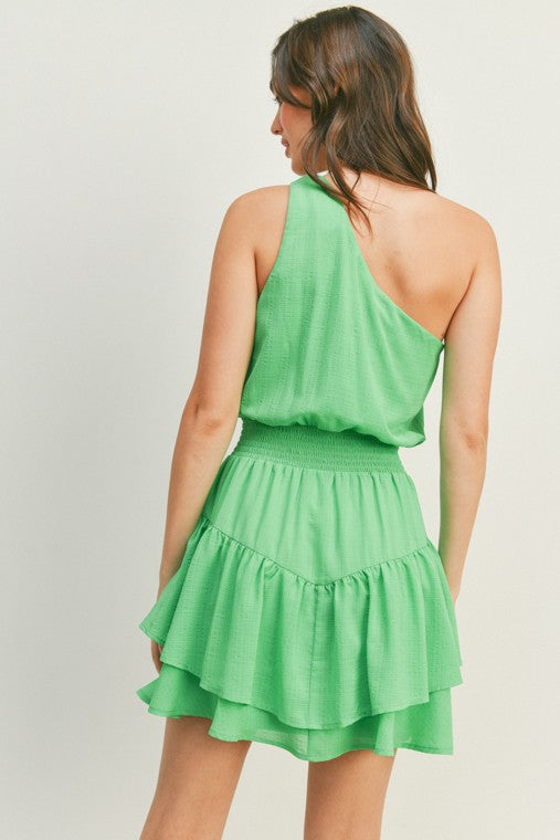 Summer Green-One Shoulder Tiered Mini Dress