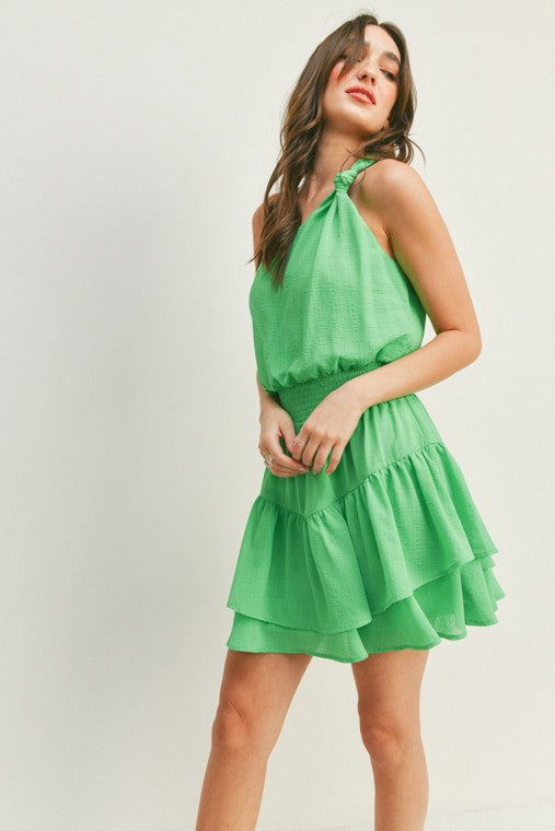 Summer Green-One Shoulder Tiered Mini Dress