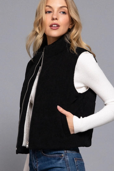 Faux Fur Zip Up Corduroy Black Vest