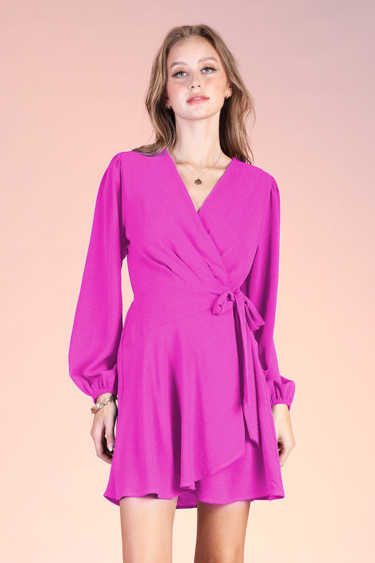 Matte Crepe Orchid Wrap Mini Dress