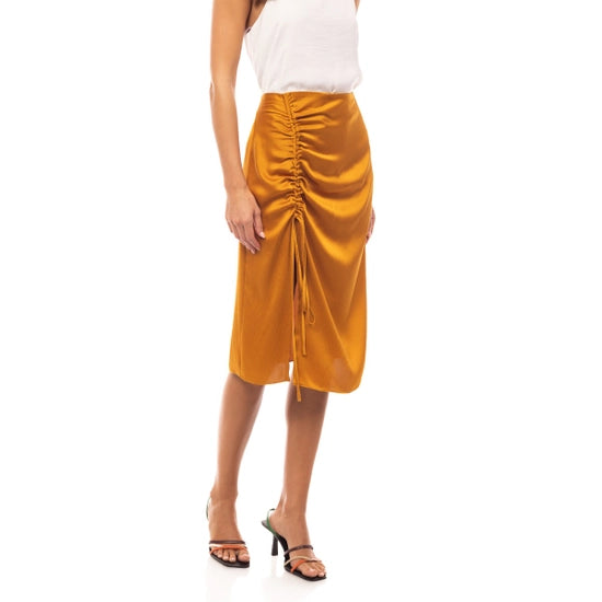 Curry Hammered Satin Drawstring Midi Skirt