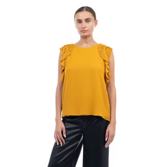 Curry Pleated Flutter Sleeve Blouse