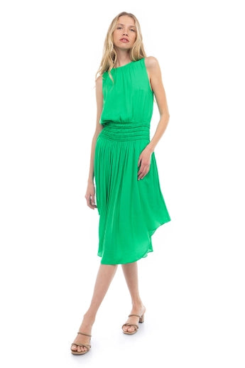 Peridot Smocked Flared Midi Dress