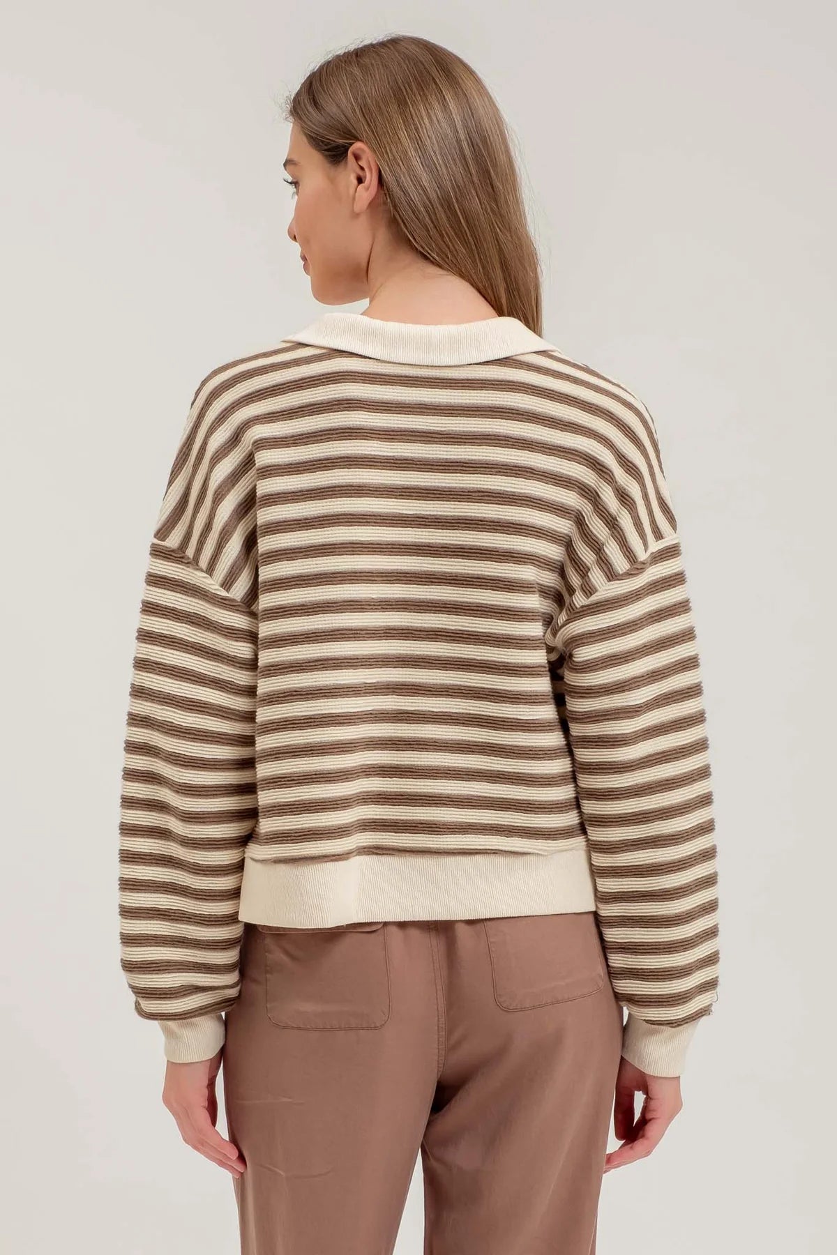 Stripped Collard Polo Knit Top