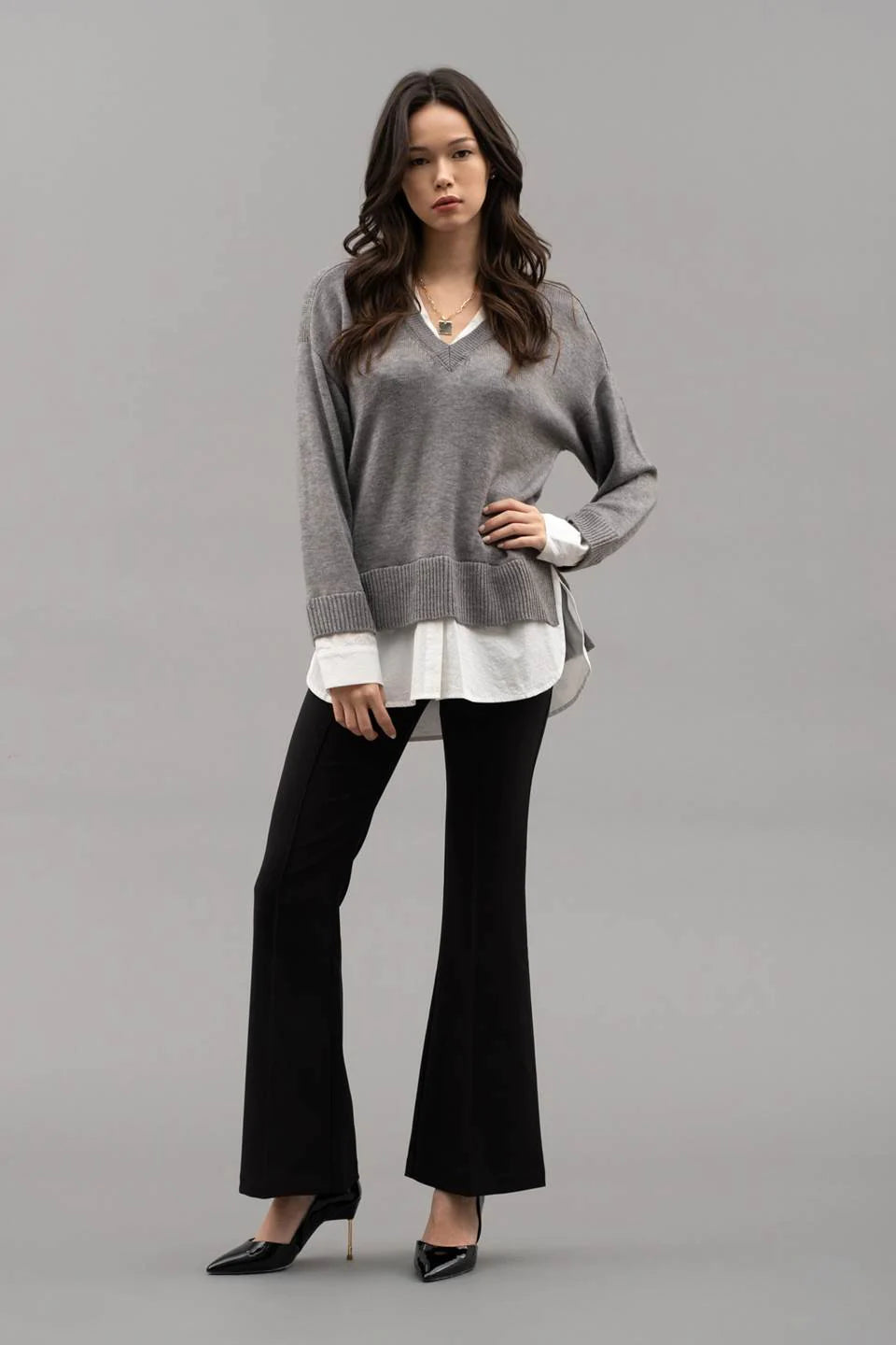 Layered V Neck Grey Sweater