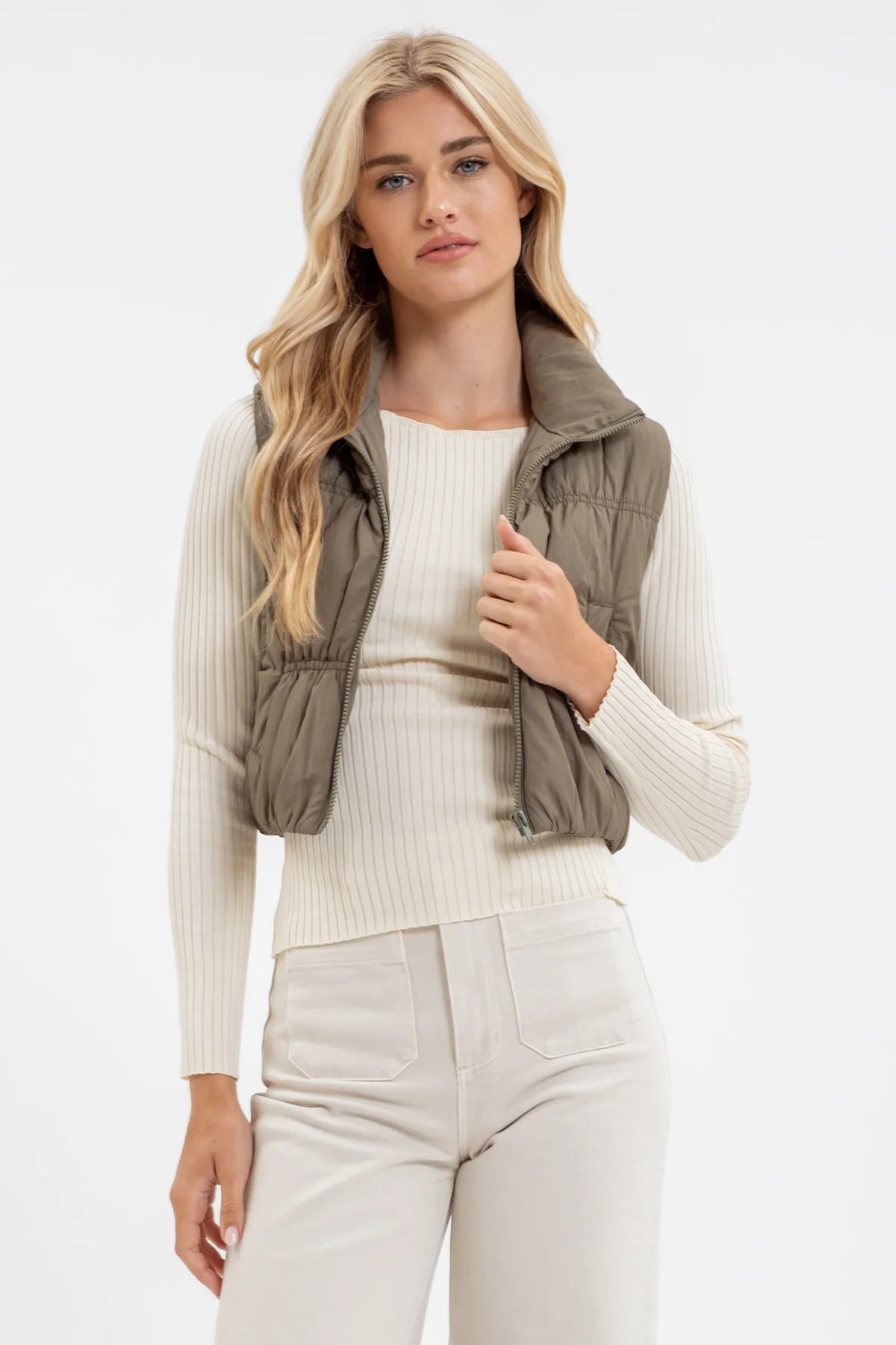 Olive Cropped Puffer Vest