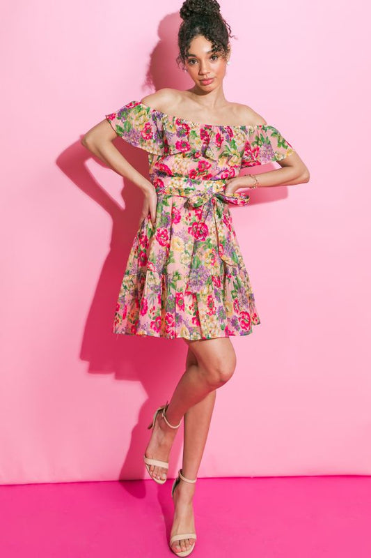 Off-Shoulder Floral Printed Mini Dress with Ruffled Hem Line