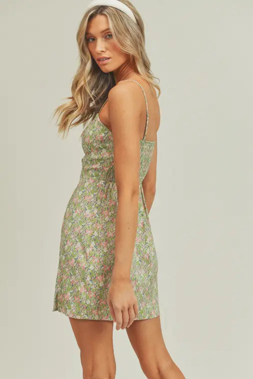 Cami Strap Green Floral Mini Dress