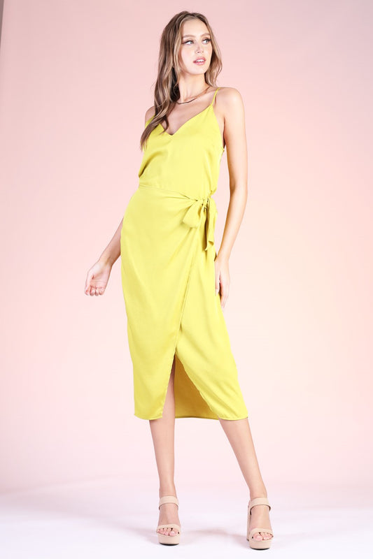 Lime Green Silk Wrap Midi Dress