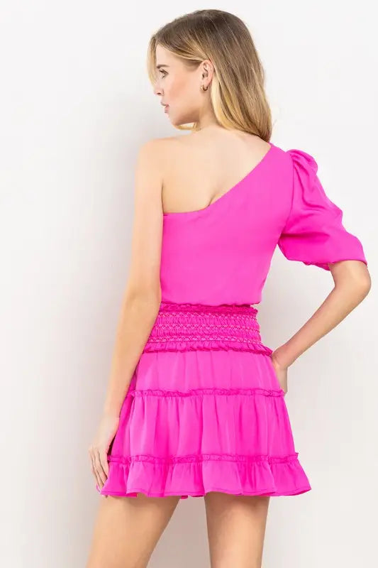 One Shoulder Layered Mini Pink Dress