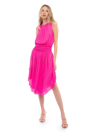 Smocked Pink Flared Midi Dress Smocked Pink Flared Midi Dress