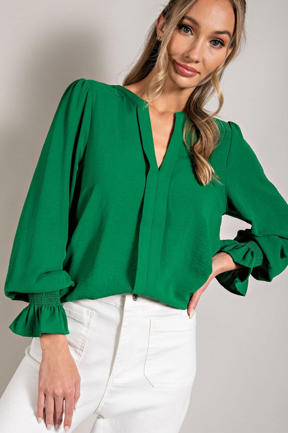 Kelly Green V Neck Blouse