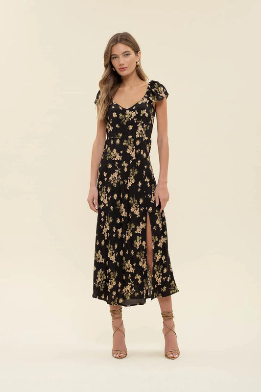 Floral V Neck Ruffle Midi Dress