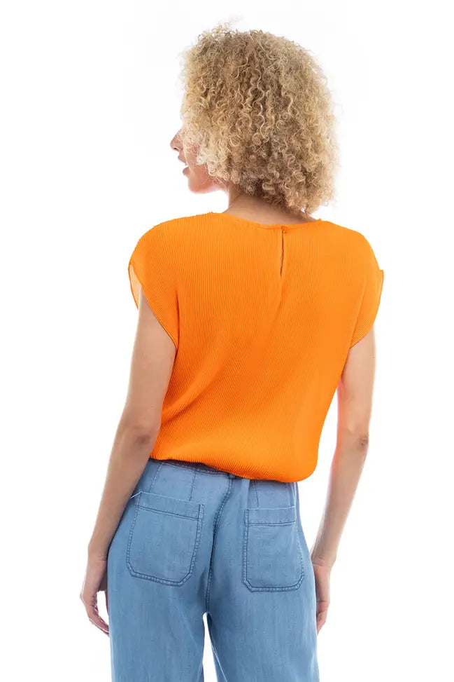 Plisse Neon Orange Blouse with Elastic Waist