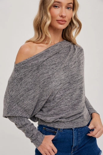 Charcoal One Off Shoulder Knit Top