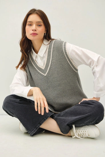 Varsity Style Grey Sweater Vest with Stripe