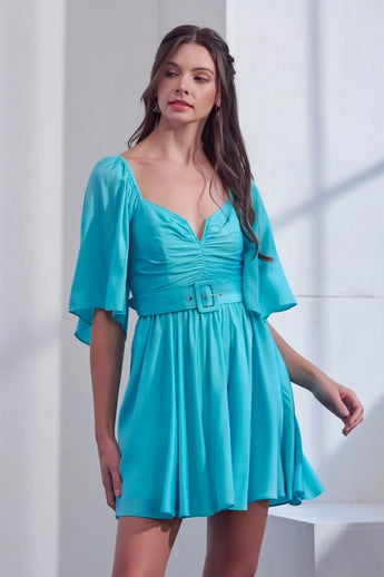 Aqua Shirred Belt Waist Mini Dress