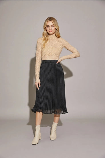 Pleated Black Banded Midi Skirt