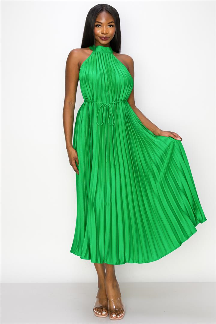 Kelly Green Pleated Waist Belt Mock Neck Midi Dress