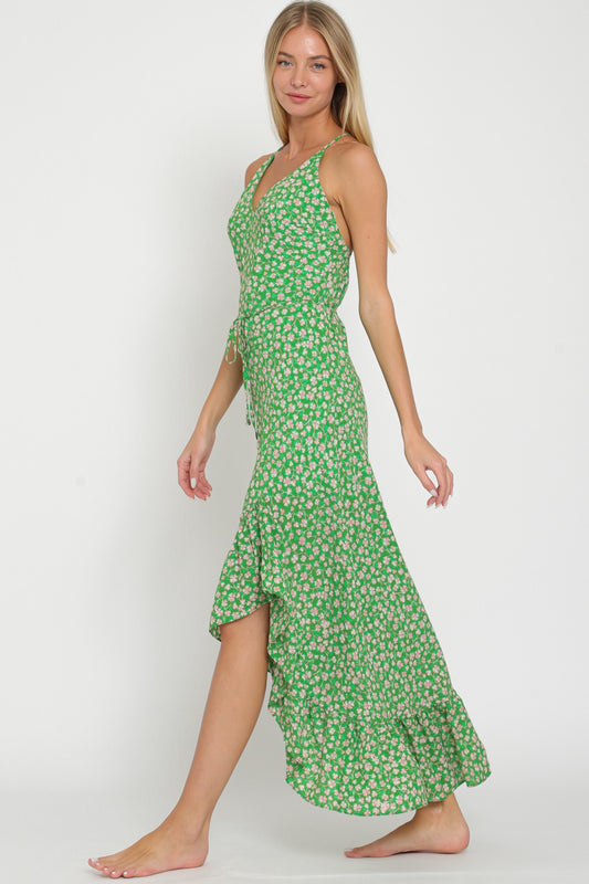 Green Floral Ruffle Hem Maxi Dress